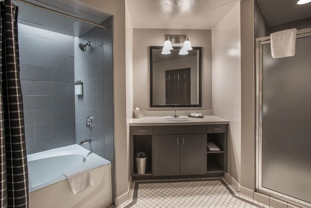 Large bathroom with deep soaking tub and separate shower at the Magnolia Hotel in Dallas 1000