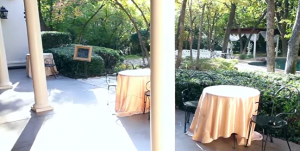 reception tables on the outdoor wedding patio venue at wildwood inn denton texas
